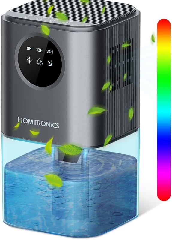 Homtronics KDM02 Portable Dehumidifier in gray with water tank and green leaves indicating air circulation.