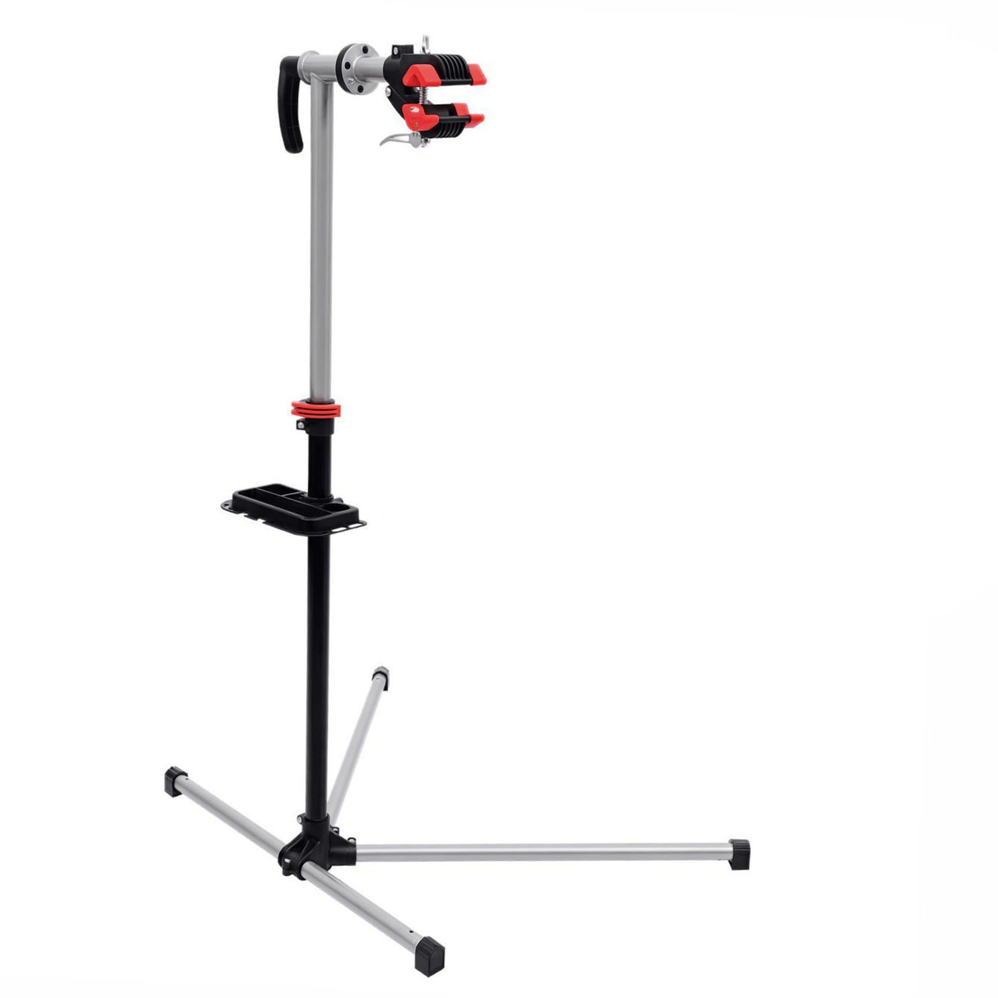 HOMCOM Pied d'Atelier Vélo Support de Réparation Professionnel, Charge 30kg pour VTT - Stand de Montage Pliable avec Plateau à Outils - Hauteur Réglable 180cm et Pince Rotative 360, Gris Noir