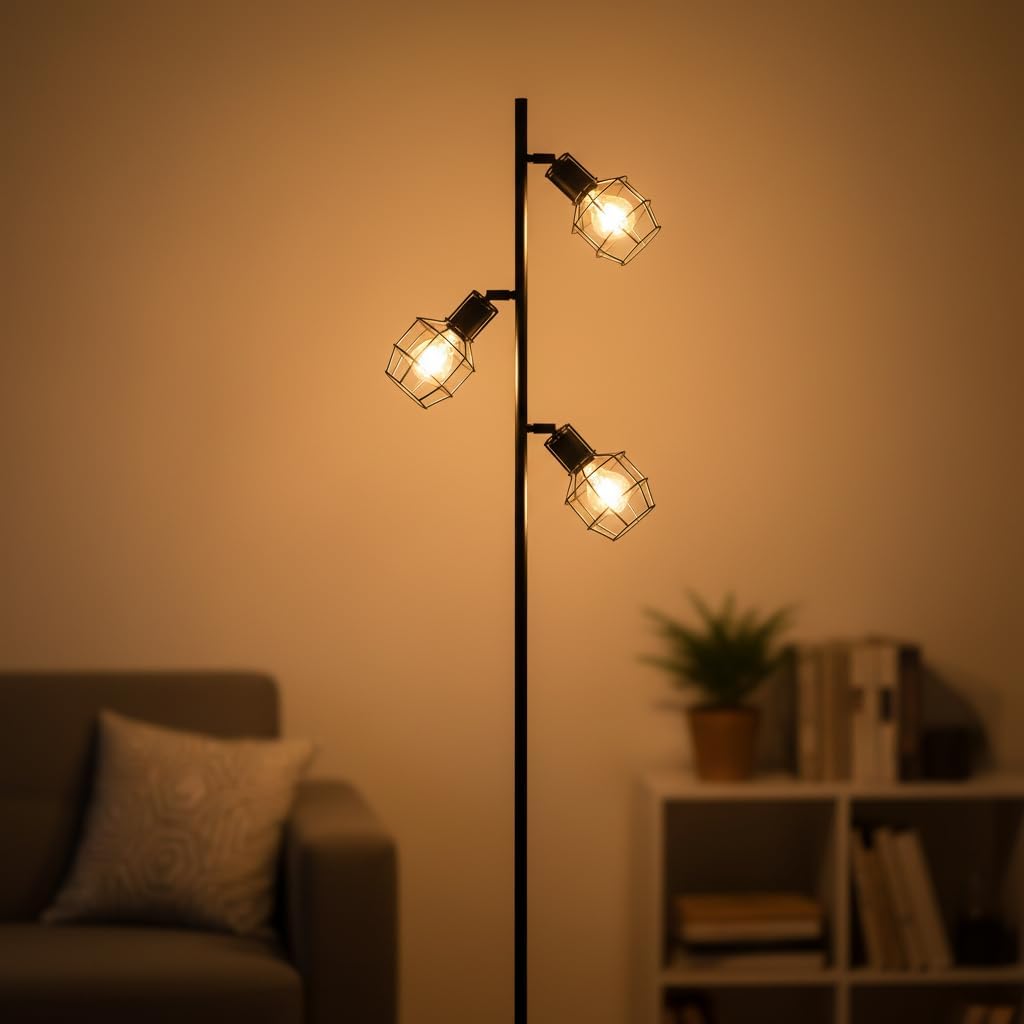 GT-DJ-05B Collaborative Lighting Floor Stand Light, 3 Lights, E26 Base, Floor Light, LED Bulb, Compatible with Dimmable Color Bulbs, Adjustable Angle, Foot Switch, Scandinavian Lighting Fixture,