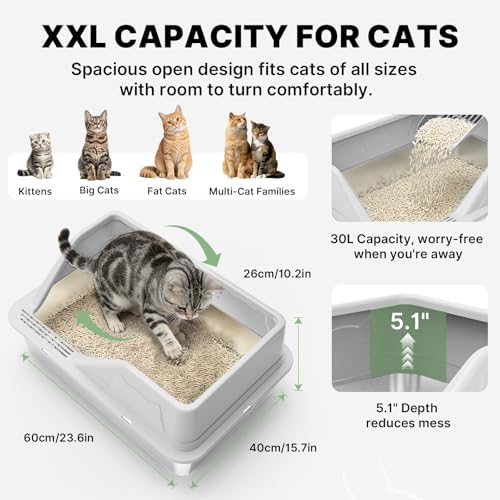 Stainless Steel Litter Box XL for Big Cats, Large Metal Cat Litter Box, High Sided Stainless Steel Pan Litterbox, Easy Clean Non-Stick, Included Scoop & Pedal & Mat, Light Grey - 1