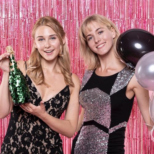 Image of 4 Pack Pink Foil Fringe Curtains, 13.2x6.6ft Streamers Backdrop, Tinsel Curtain for Birthday, Graduation, Christmas, Bachelorette, Wedding, Valentine, Gender Reveal| Pink Streamers Party Decorations