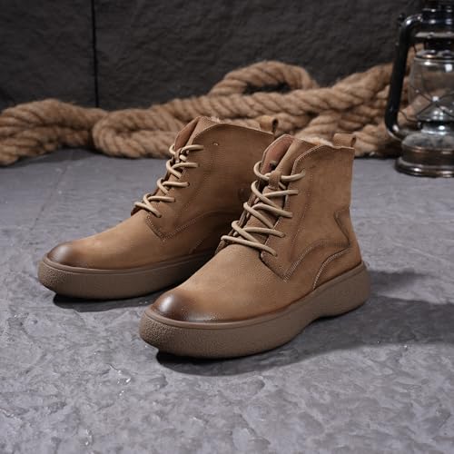 Men Lace Up Cowboy Boots, Genuine Leather Casual Fashion Wide Comfortable Durable Western Chelsea Chukka Boots, Round Toe Non-Slip Oxford Rubber Work Shoes Retro Stylich3