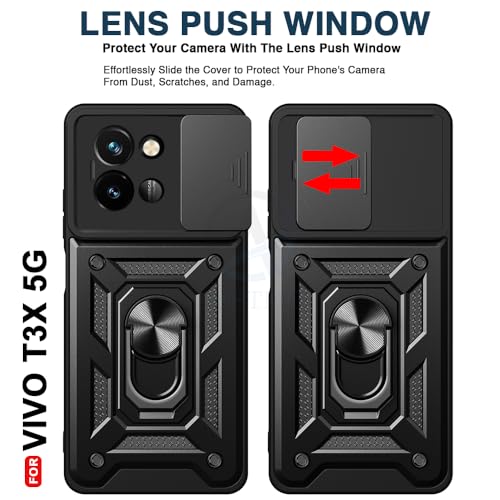 Image of AESTMO Tough Armor Vivo T3X 5G Bumper Back Case Cover | Ring Holder & Sliding Camera Shield Cover | 360 Degree Protection Back Case Cover for Vivo T3X 5G (Black)