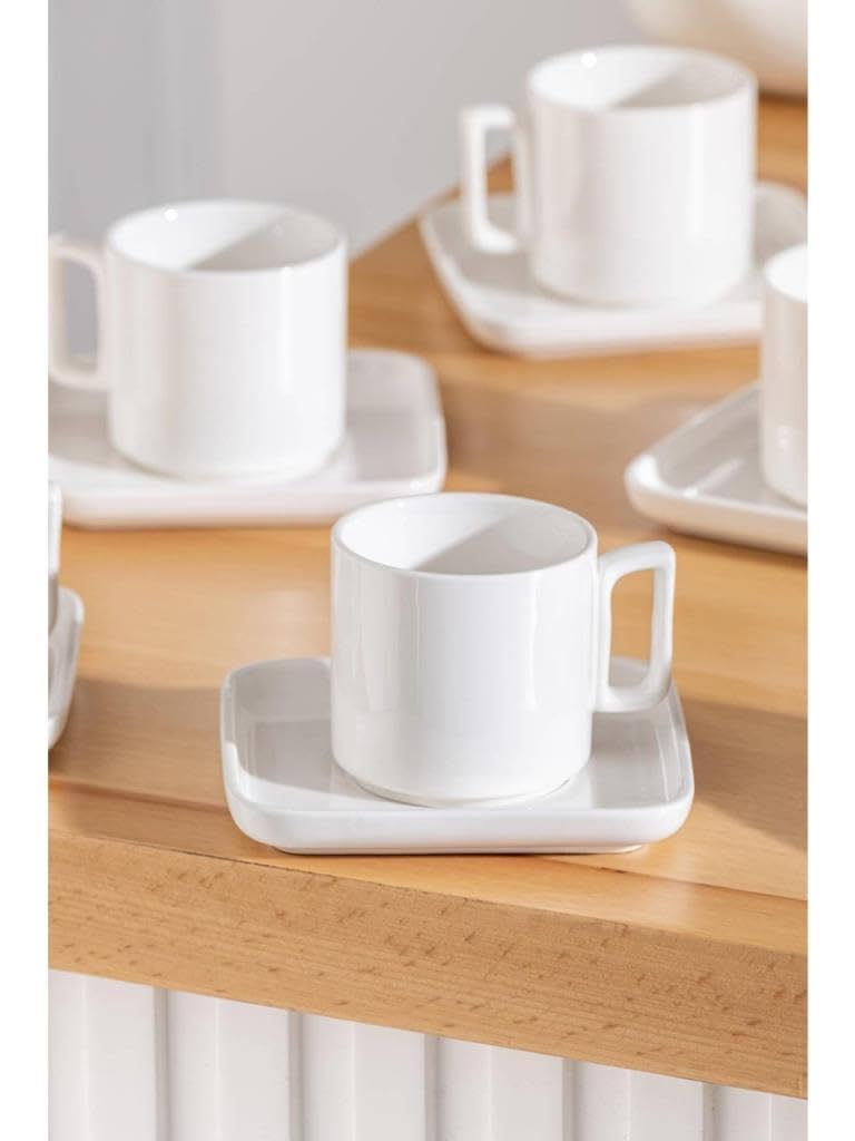Modernes Porzellan Espresso-Set, 6 Tassen mit Untertassen, 90 ml, Weiß, Eckiges Design