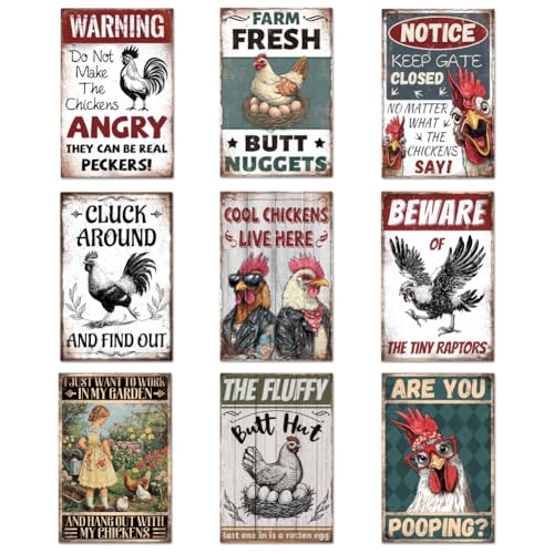 GLASSWINDS 9 Pcs Chicken Coop Signs, Funny Chicken Signs Decor 8×12 Inch, Metal Tin Sign, Chickens Coops Accessories Garden Sign, Chickens Lovers Gift Easter Decorations Outdoor Decor for Farm Yard