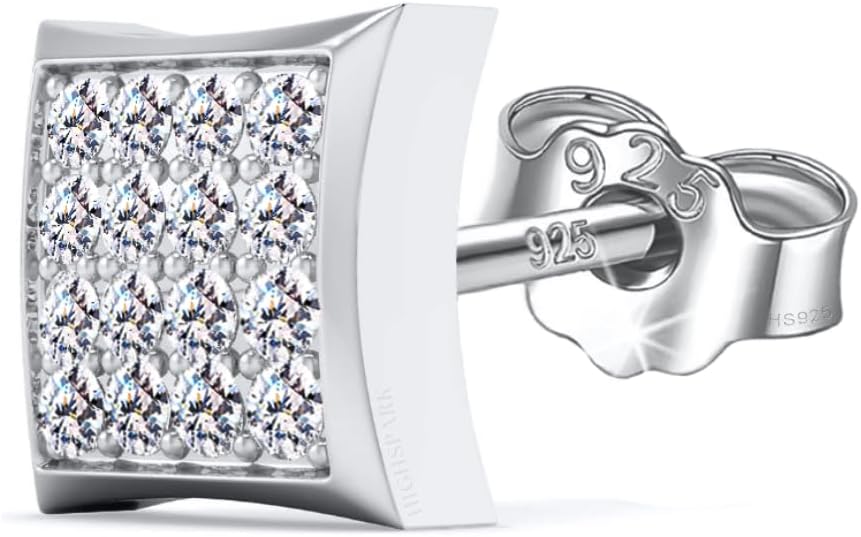 HIGHSPARK 925 Silver Men's Stylish Square Solitaire Earring | 92.5 Sterling Silver and Diamond like Brilliance Zirconia | Single Stud for Men | Lovely Gift - Stylish Square