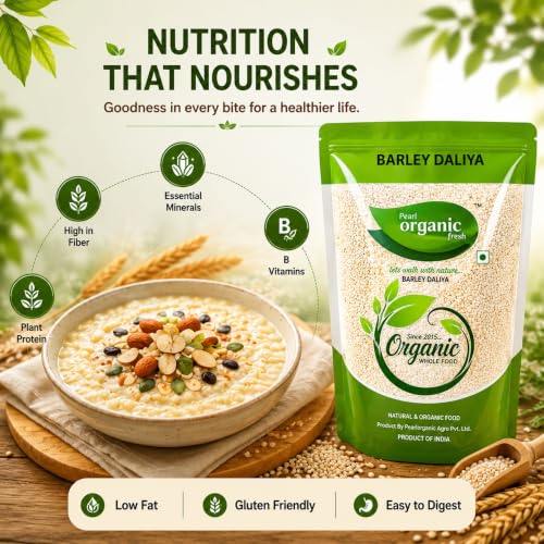 Image of Pearl Organic Fresh Organic Pearl Barley Daliya, 1.5 Kg | Jau Daliya, Pure Natural & Unpolished, High Fiber Healthy Breakfast Cereal, Good for Digestion, Diabetes & Weight Loss