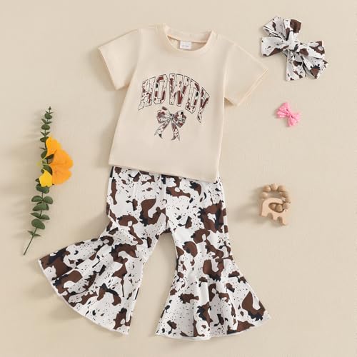 MAYUMMPY Baby Toddler Girl Flare Pants Outfit Bow Short Sleeve Tops Kids Baby Bell Bottoms Outfit Summer Clothes3