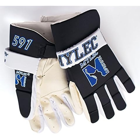 MyLec Men's Hockey Gloves, Velcro Strap with Perfect Fit, Printed Branding Logo, Hockey Stuff with Tough Leather Palm, Lightweight, Durable & Breathable, Protected with EVA Foam(Small, Black) Cover