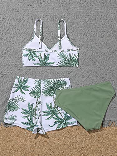 Image of SHENHE Girl's 3 Piece Tropical Print V Neck High Waisted Bikini Swimsuit with Beach Shorts Palm Multicolor 130