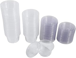 Disposable Plastic Portion Cups with Lids, Sauce Chutney Cups Boxes Condiment Cup, Jello Shot, Soufflé Portion, Sampling Cups, Clear （Pack of 50） (3oz)