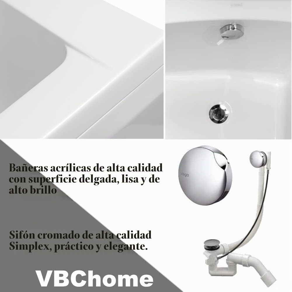VBChome Bañera acrílica 130 x 70 cm, color blanco, rectangular, sifón, patas de bañera, diseño moderno, desagüe en cromo