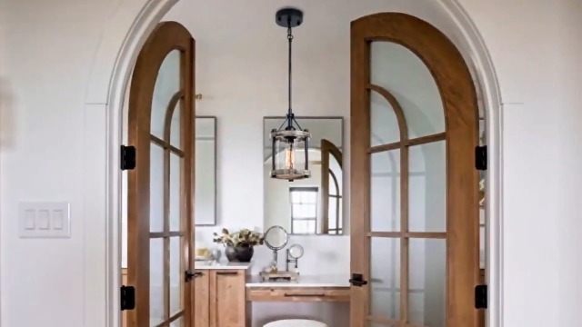 Image of Farmhouse Pendant Light, Rustic White Wood and Metal Cage Hanging Light Fixtures with Glass, 43 Inch Adjustable for Flat and Slop Ceiling, Pendant Lighting for Kitchen Island Foyer Hallway