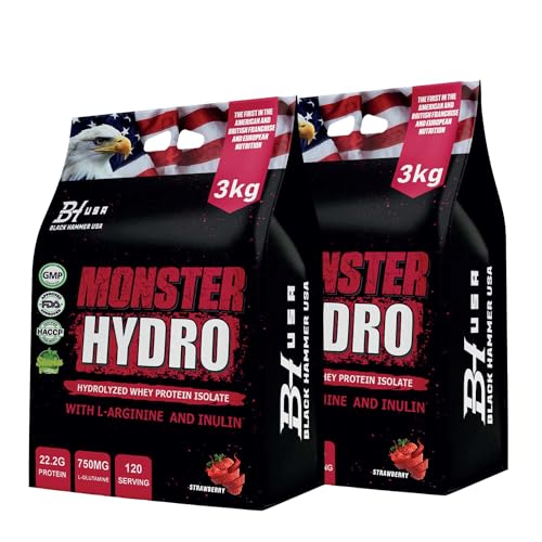Monster Hydro Whey Protein 3KG – 2er Pack | Schnelle Aufnahme & Muskelregeneration | Black Hammer USA (3000g+3000g, Erdbeere)