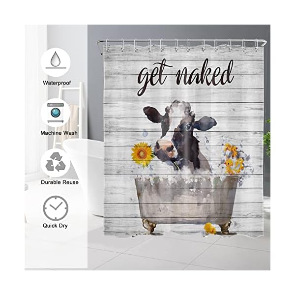 Hvest funny cow shower curtain farmhouse western animal bull and sunflower get naked shower curtain 72x72 inches for bathroom rustic wooden boards bath curtain with hooks for bathtub decor  urban country home decor