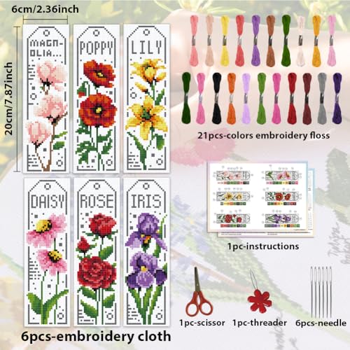 Image of ACRNIGHEET 6PCS Cross Stitch Bookmark Kits for Beginner Flower Crossstitch Kits Adult Rose Daisy Lily Stamped Embroidery Bookmarks with Accessories for Adults Craft Gift 11CT