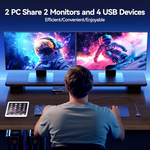 Image of 4K@144Hz KVM Switch 2 Monitors 2 Computers 8K@60Hz, MLEEDA HDMI and Displayport Dual Monitor KVM Switch with 4 USB 3.0 Port for Keyboard Mouse Printer, with Wired Remote, Power Adapter and USB Cables