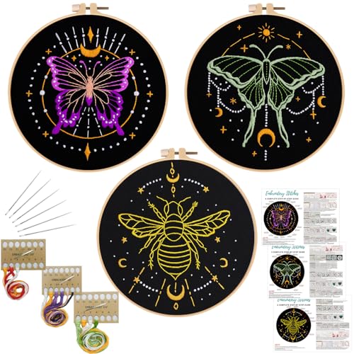Image of Louise Maelys 3 Sets Tarot Embroidery Kits for Beginners,Cross Stitch Kit for Adults,Crewel Starters Needlepoint with Moon, Butterfly, Bee and Moth Pattern and Tool