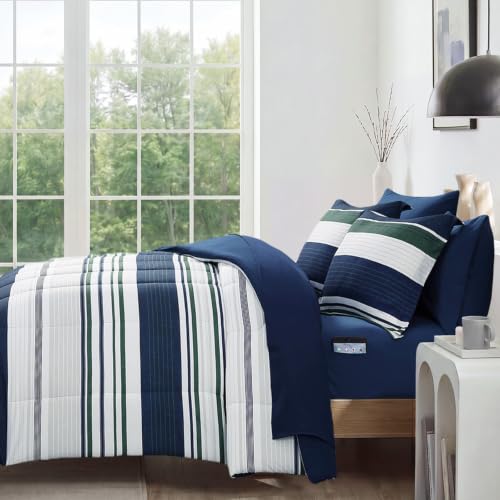 Image of Monbix Queen Comforter Set - 7 Pieces Bed in a Bag Queen, Indigo Blue-Stripe Bedding Sets, All Seasons Comforter Bed Set with Sheets, Pillowcases & Shams