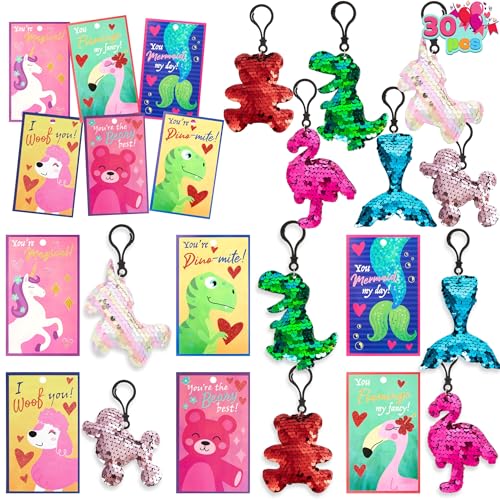 JOYIN 30 Pack Valentines Day Gift Cards with Gift Glitter Flip Sequin Keychain for Valentine's Classroom Exchange Prizes, Kids Party Favors