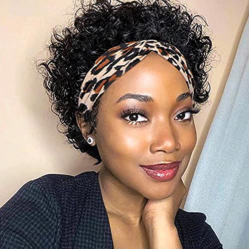 Haidi hair Short Curly Headband Wig Human Hair for Women, Pixie Cut Headband Wig Brazilian Virgin Remy Hair Glueless Half Wig 150 Percent Density None Lace Front Wigs Natural Black bob Wig, 8 Inch