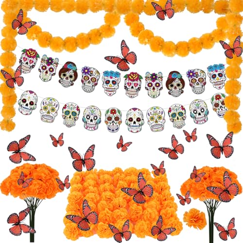 66pcs Day of The Dead Decorations Set - 2 Marigold Garland, 50 Artificial Marigold Flowers with Stems & 12 Monarch Butterfly Decoration for Dia De Los Muertos Indian Diwali Altar Decor