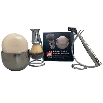 G.B.S Mens Grooming Set-Triple Blade Razor with Stainless Steel Handle, Badger Shave Brush with Stainless Steel Brush & Razor Stand, Chrome Shaving Bowl, Natural Shaving Soap