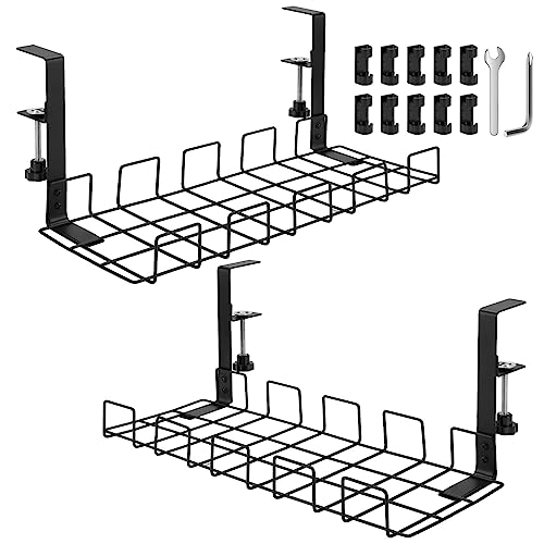 Cable Management Under Desk Cable Tidy, 2 Pack No Drill Under Desk Cable Management Tray, Widen Heighten Metal Cable Tray Basket with Cable Clips Organiser Silicone Pad for Office and Home