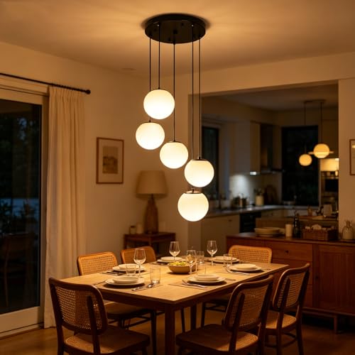 Image of Globe Cluster Chandelier 5-Light, Black Modern Cluster Chandelier with Milk White Glass, Adjustable Globe Staircase Pendant Light for Kitchen Island Dining Room