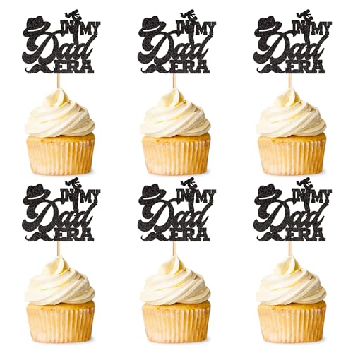 Ercaido 24Pcs Glitter Black In My Dad Era Cupcake Toppers Happy Father's Day Cupcake Picks for Father's Birthday Cupcake Decorations Dad Funny Birthday Party Decorations