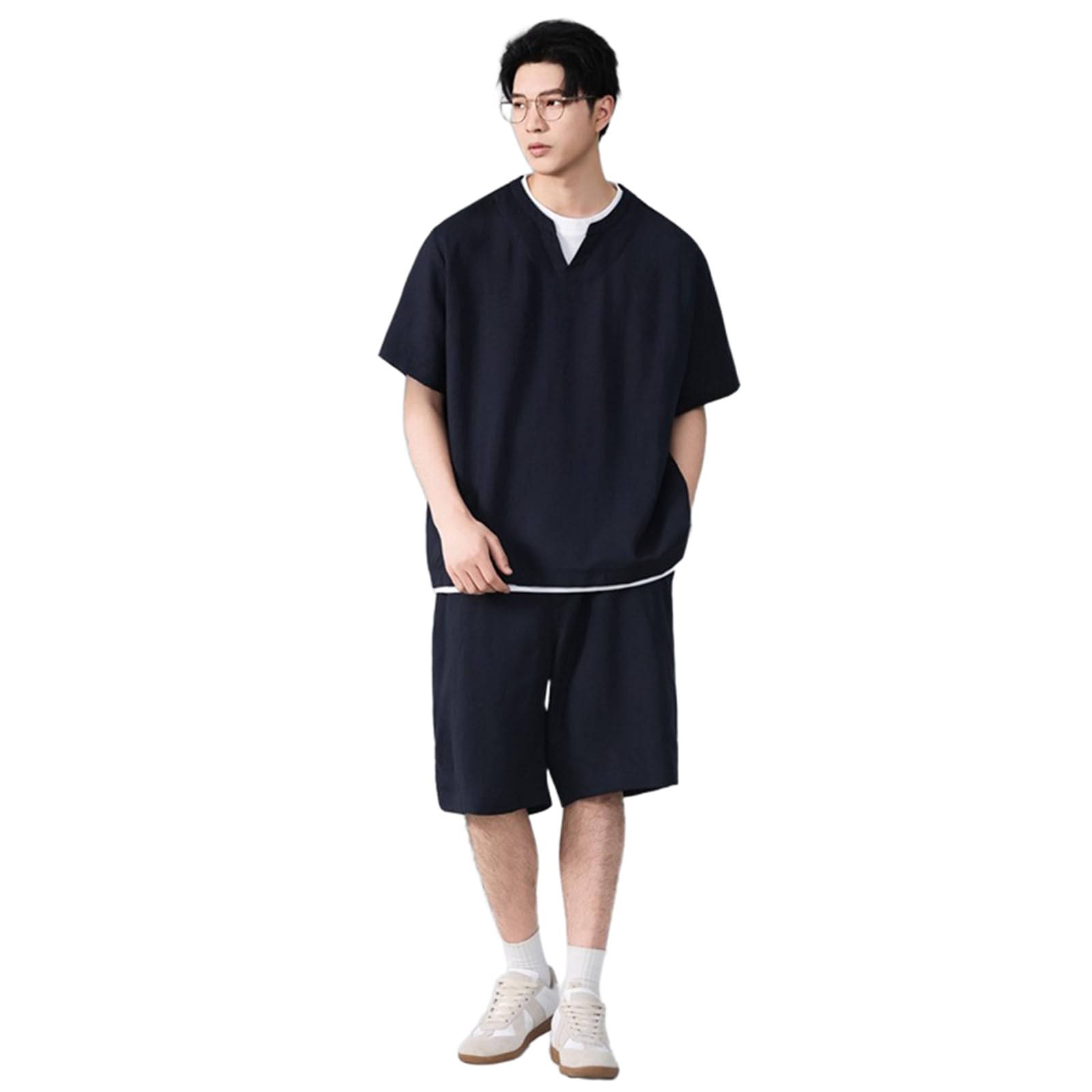 Men's Summer Tencel Linen Lightweight Short Sleeve Set Casual Shorts 2 Piece Outfit