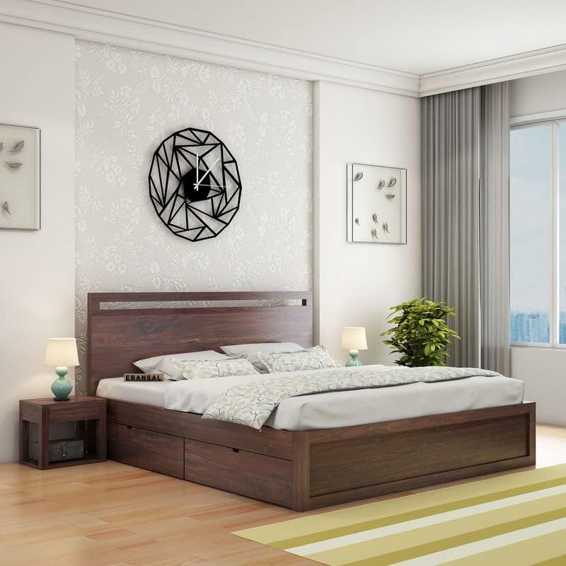 Image of Solid Wood King Size Bed for Bedroom | Wooden Crafted from Premium Sheesham Wood | Bedroom Furniture Elegant Double Bed with 4 Drawer Storage | Walnut Finish (80.5X74.5X15 Inches)