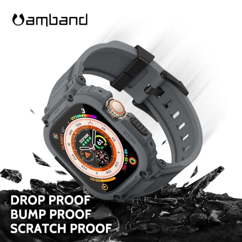 Image of amBand Bands Case Screen Protector Compatible with Apple Watch Ultra 3 /2 /1 49mm, M1 Sport Series Rugged Cover Strap and 9H Tempered Glass Film, Protective Bumper for iWatch 49 mm Men Gray