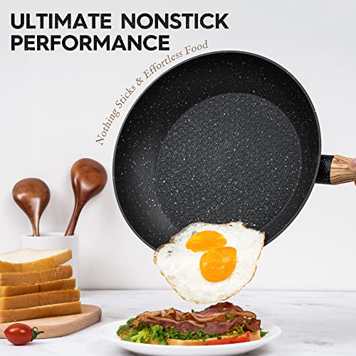 Image of Michelangelo Frying Pan Non Stick with Lid, 26cm Frying Pan with Nonstick Honeycomb Coating, Nonstick Frying Pan with Lid, Granite Frying Pan, Induction Frying Pan