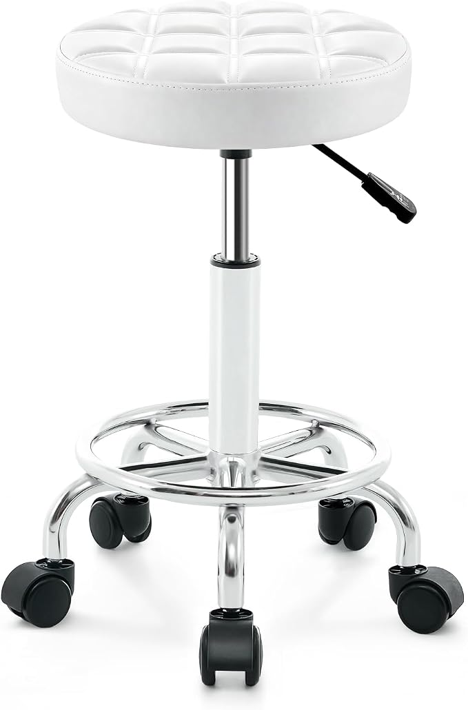 ACFOUL Rolling Stool - Adjustable, PU Leather, Silent Wheels