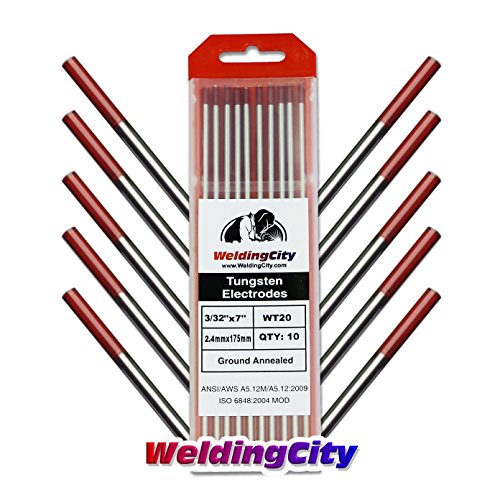 WeldingCity 10-pk Premium TIG Welding Tungsten Electrode Rod 2.0% Thoriated (Red, EWTh20) 3/32"