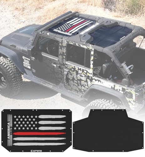Xprite Thin Red Line USA Flag Sunshade Top Compatible with 2007-2018 Jeep Wrangler JK JKU 4 Door, Front & Rear Mesh Bikini Top, Effective UV/Wind/Noise Blockers, 2PCS