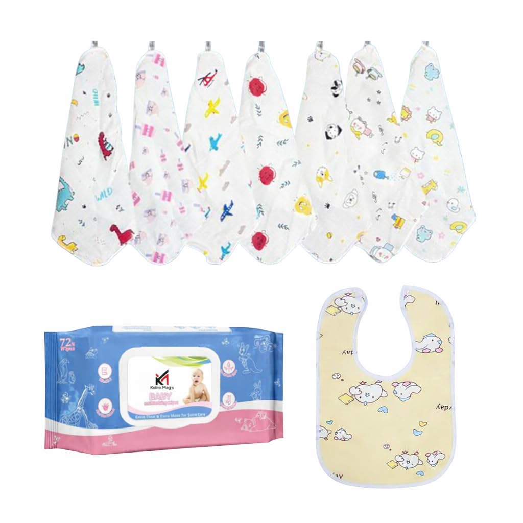 KALRA MAGIC Baby Hygiene Combo | Pure Water Unscented Wet Wipes with Lid, 6 Cotton Hankies & Bib | Natural Plant Cloth, Soft & Safe Care Set for Newborns & Infants-image-24