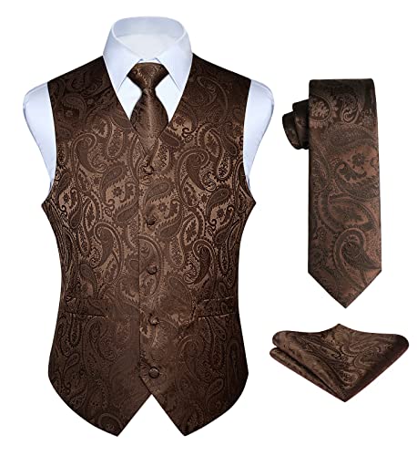Image of HISDERN Vest and Tie Sets for Men Vests Paisley Floral Jacquard Necktie Pocket Square 3PCS Waistcoat for Suit or Tuxedo