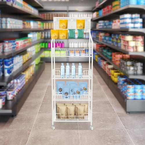 4 Tier Retail Display Stand Rack Basket Stand with Wheels & 10 Hanging Hook, Metal Farmers Market Shelf Storage Shelves for Pantry Fruit Vegetable Snack,Bread, Kitchen Store Bakery Supremarket