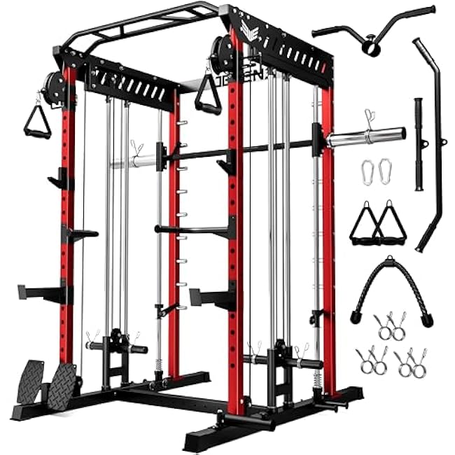 M21 Smith Machine, Multi-Function Power Cage with Dual Pulley Cable Crossover System, 2000LBS All-in-One Squat Rack with Smith Bar and Attachments