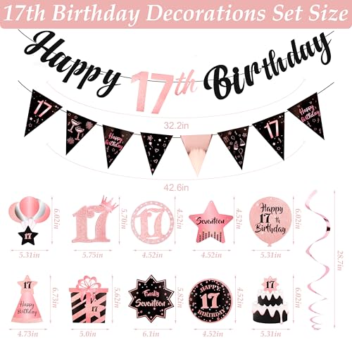 Image of 17th Birthday Decorations for Girls Rose Gold Pink Pre Assembled Happy Birthday Banner and Hanging Swirls 17 Years Old Party Decorations Supplies 17th Birthday Gifts for Girls