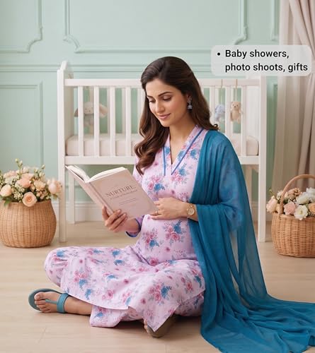Image of DUMMY SHAPE Maternity Dresses for Women Cotton | Floral Kurta Pant Dupatta Set with Nursing Zippers, Side Pocket | Pre & Post Pregnancy | Feeding Kurti Suit | Baby Shower | Gifts for Pregnant Woman