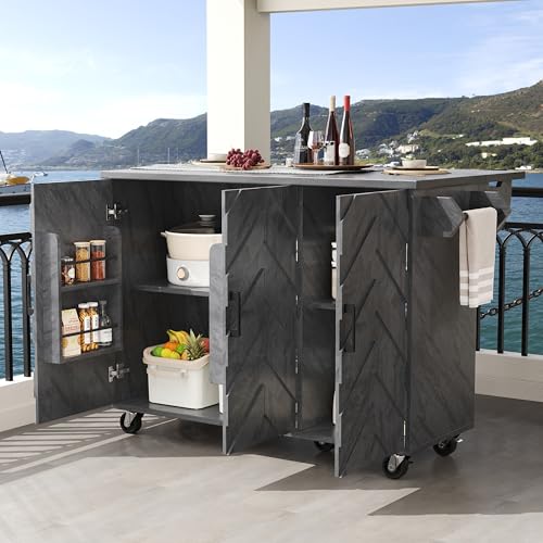 VIVCA Isla de cocina, armario buffet, 118 x 45 (75) x 92 cm, carrito de servicio, isla de cocina móvil, carrito de cocina extensible con ruedas, con toallero y estante para puerta, estantes ajustables