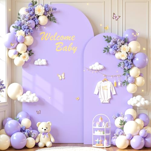 Image of Lavender Arch Backdrop Cover Set of 2-7.2 and 6ft Lilac Light Purple Arch Covers Stretchy Backdrop Spandex Baby Shower Arch Stand Covers for Girls Birthday Party Wedding Bridal Shower Photo Background