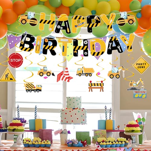 Image of Hooqict Happy Birthday Banner Construction Birthday Party Supplies with Vehicle Truck Hanging Swirls Ceiling Streamers for Kids Boys 1st 2nd 3rd Construction Excavator Tractor Birthday Party Decorations