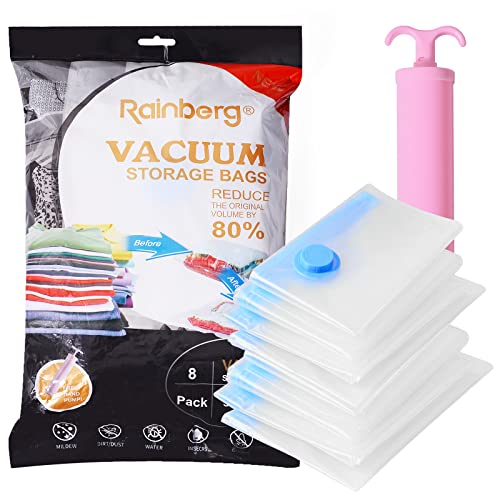 Rainberg Premium Vacuum Storage Bags 8 Pack, 80% More Storage, Vacuum Sealer Bag with Double-Zip Seal and Triple Seal Turbo-Valve for Max Space Saving in a storage bag. (Medium(50 x 70cm))