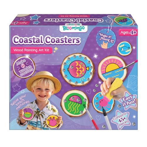 Bloomingo Art & Craft Kit for Ages 4+ - Coastal Coasters - Wood Painting Art Kit | Easy-to-follow instructions | DIY kit for kids | 6 Wooden Coasters | Wood Painting | Beach-themed coasters | Crabs | Shells | Fish | Neon paints | Gem stickers | Create and decorate