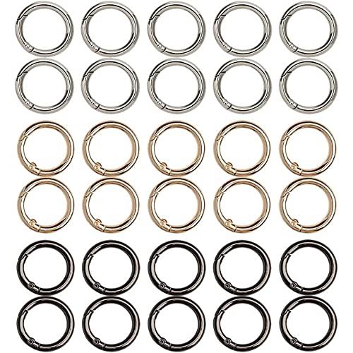 Mosquetón Redondo, 30 Piezas Mosquetones Pequeños, Llavero Mosqueton, Mosquetones para Bolsos, Gancho Resorte Anillo, para Manualidades y Accesorios de Bolsos, 28 mm (Oro, Plata, Negro) Cover