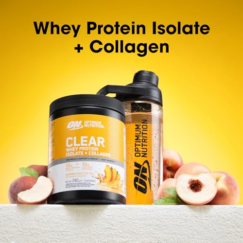 Optimum Nutrition Clear Whey + Colágeno, Té Helado Frutas de Verano, 10 g Aislado de Suero y 10 g Péptidos de Colágeno, Bebida Clara de Proteína para Articulaciones, 240 g, 10 Porciones